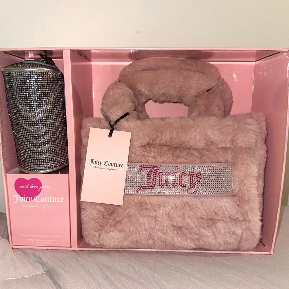 Juicy Couture Blush Furry Bag and Glitter barrel wristlet purse